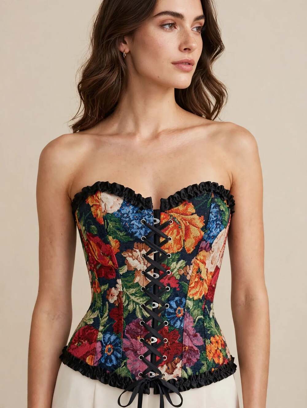SHEIN Monet Garden Floral Print Jacquard Corset Bustier Top